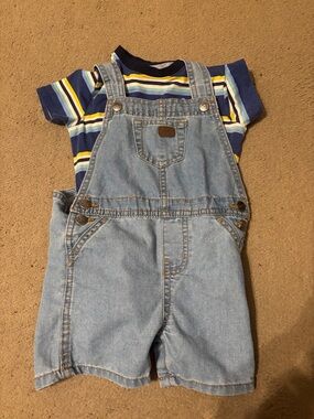 5 for $25 Lee Light Blue Denim Short Overalls with Navy Striped Tee